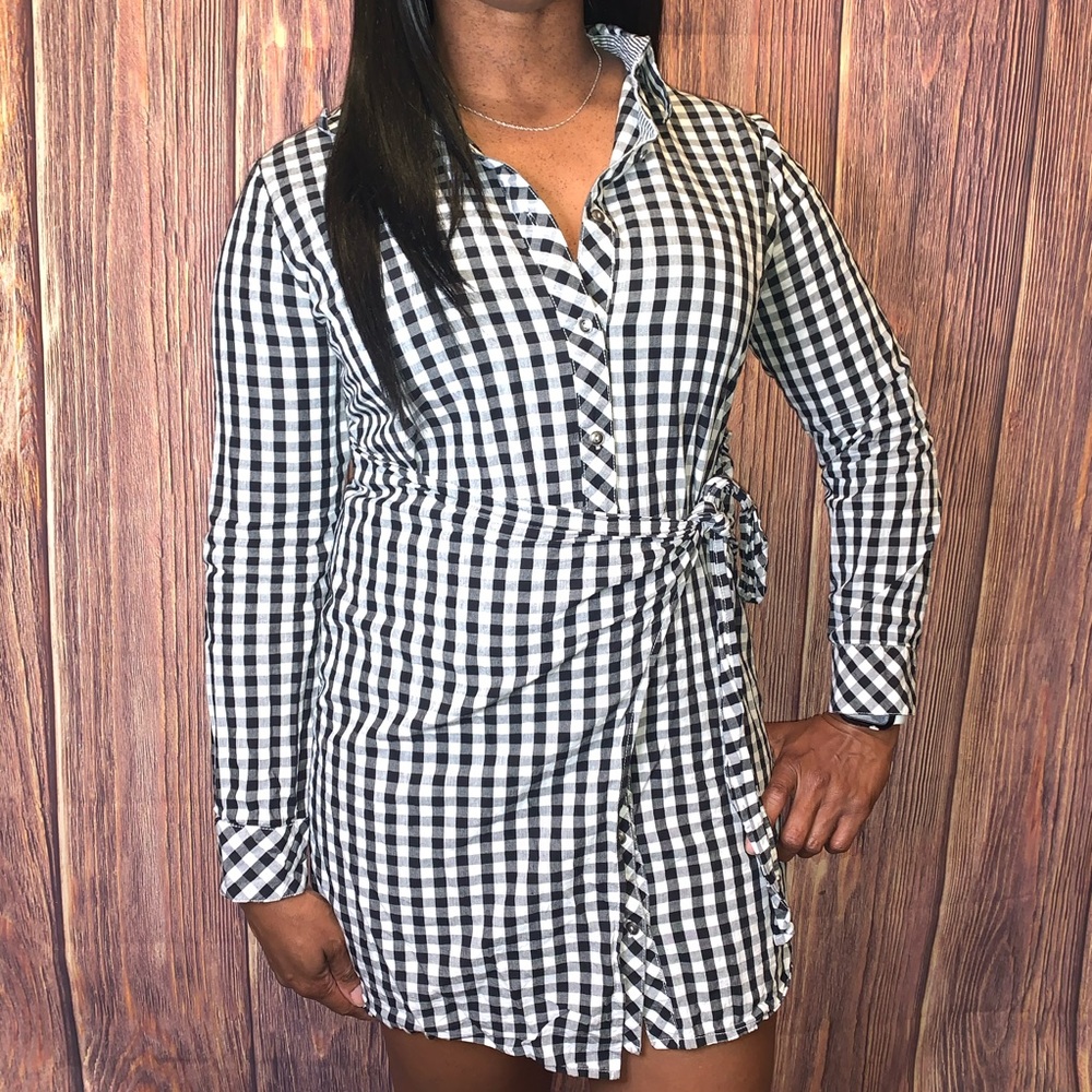 Skies Are Blue Checkered Wrap Shirt Dress
